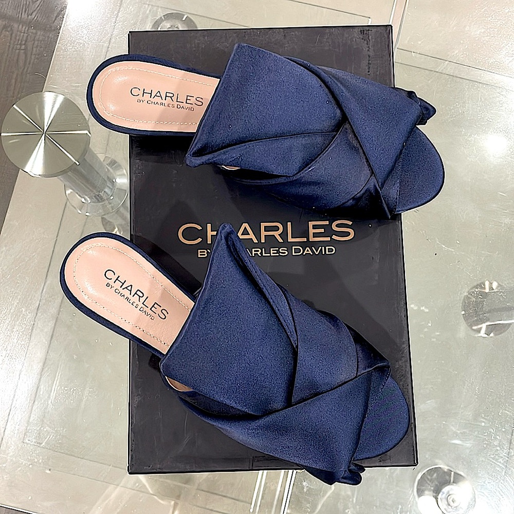 NWT Charles David royal navy pure satin slip on slides blue flats open toe bow